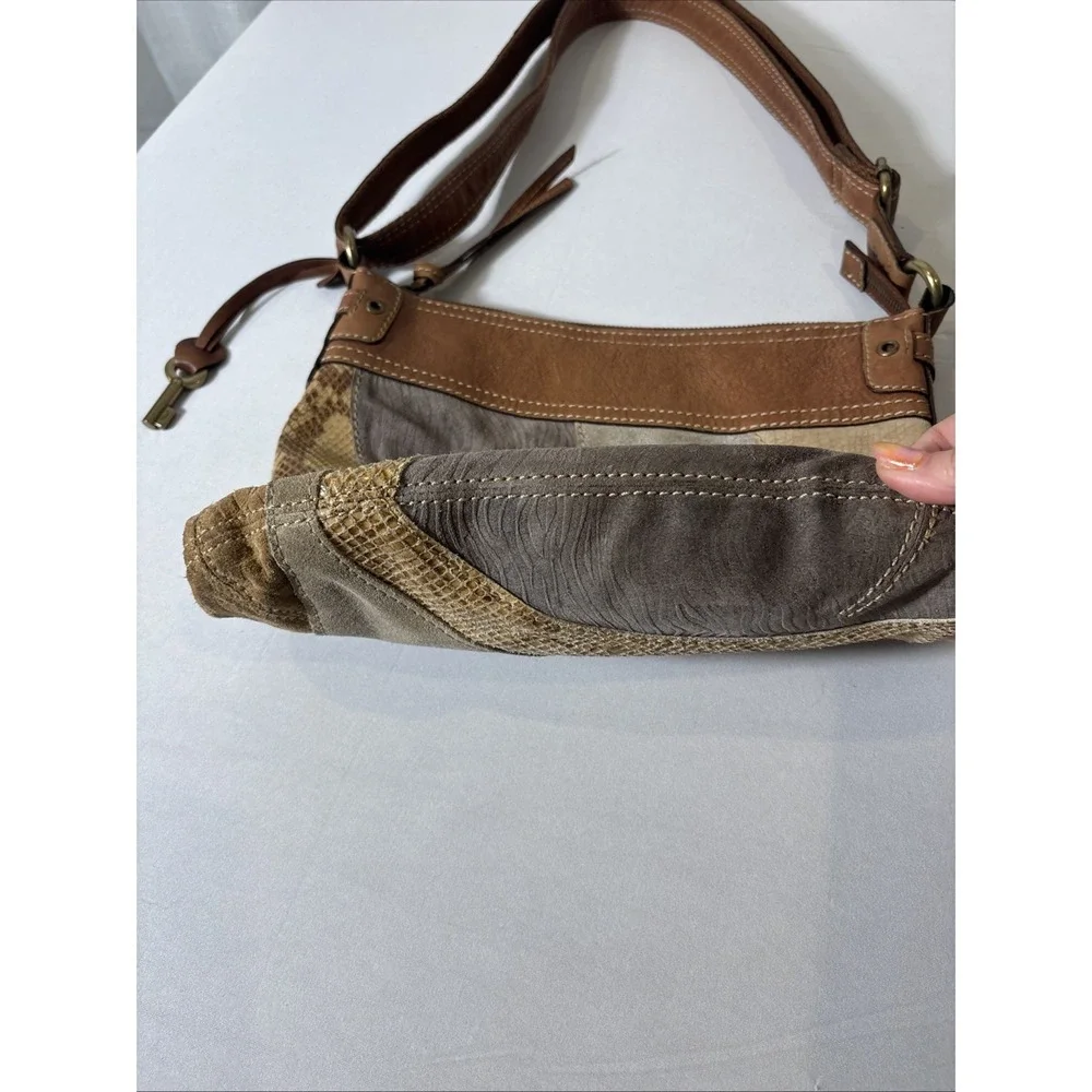 VTG Fossil Suede/Leather Snake Patchwork Shoulder Crossbody HOBO Bag Purse‎ BOHO